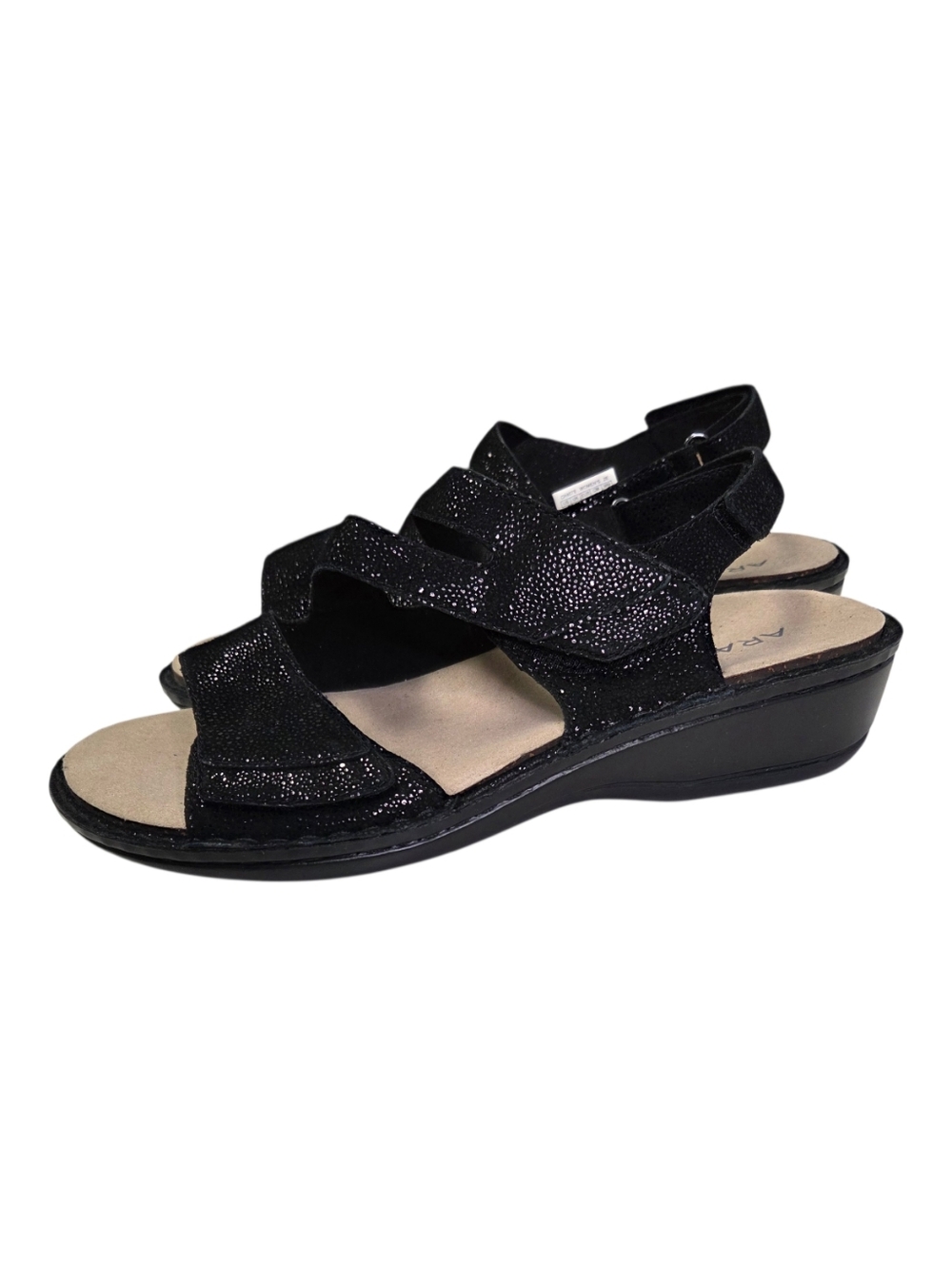 Aravon Black Leather Comfort Wedge Sandals Adjustable Straps Size 8 EE Wide